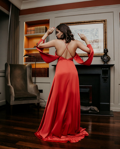 Lady in Red satin maxi dress