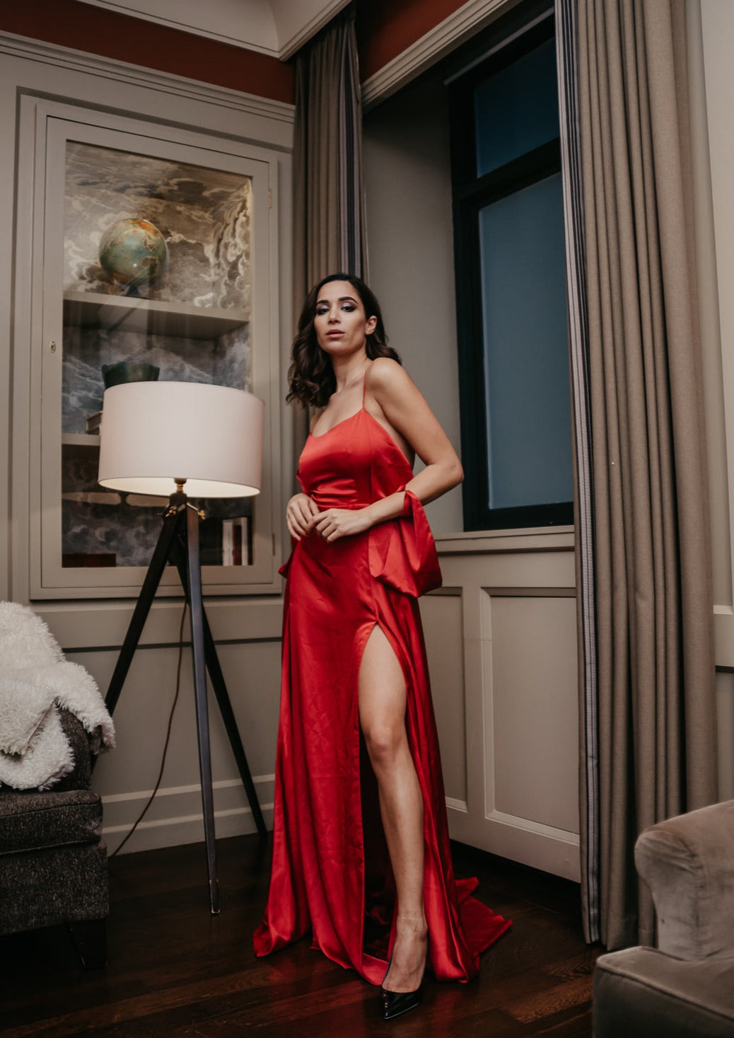 Lady in Red satin maxi dress