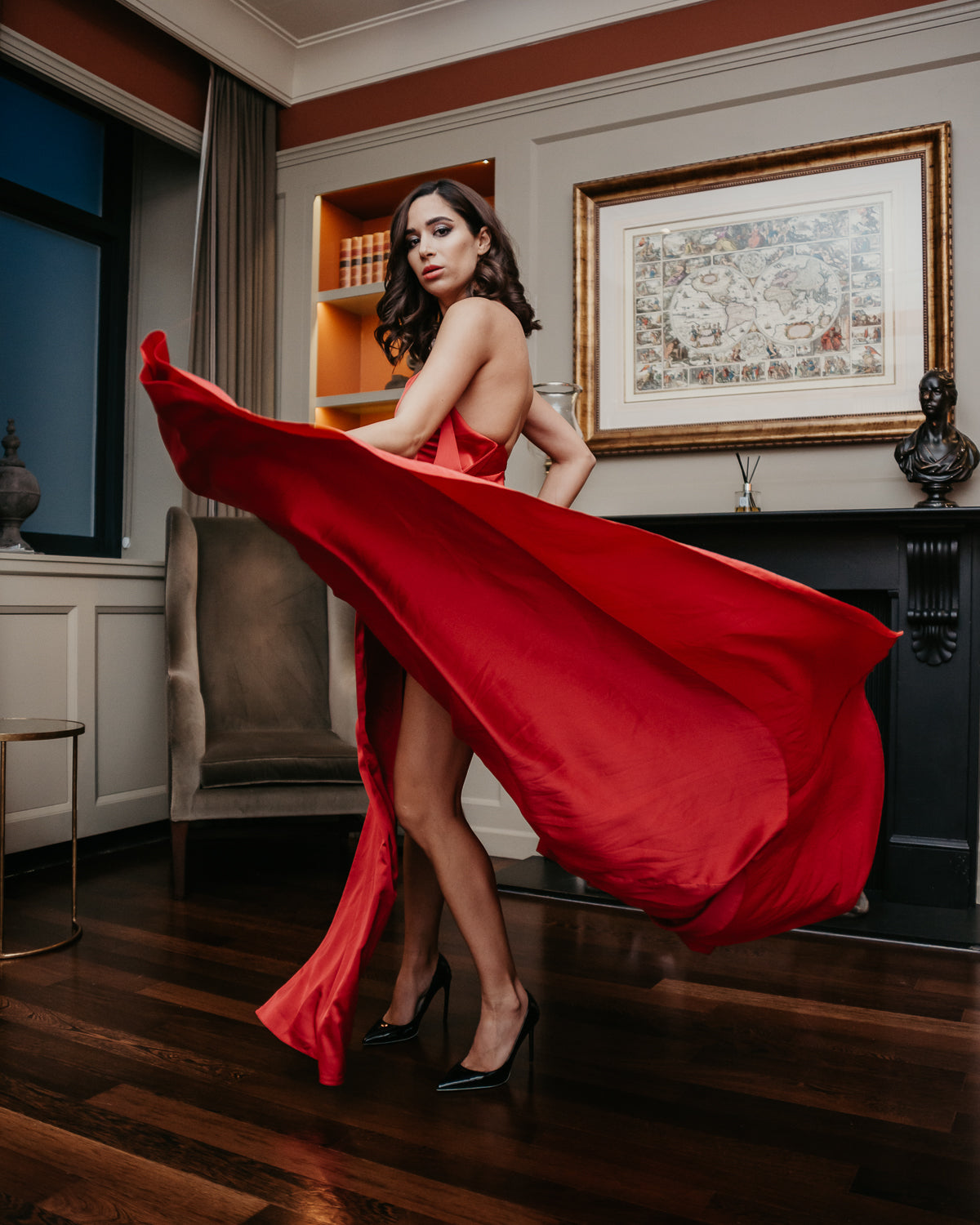 Lady in Red satin maxi dress