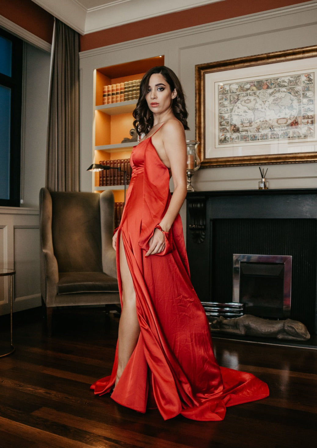 Lady in Red satin maxi dress