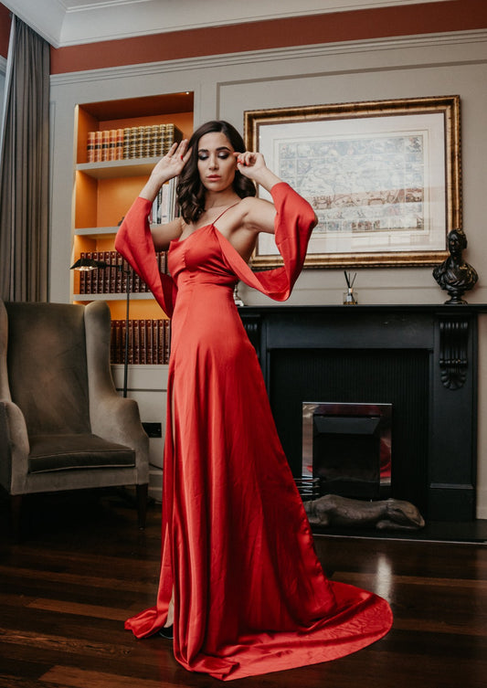 Lady in Red satin maxi dress