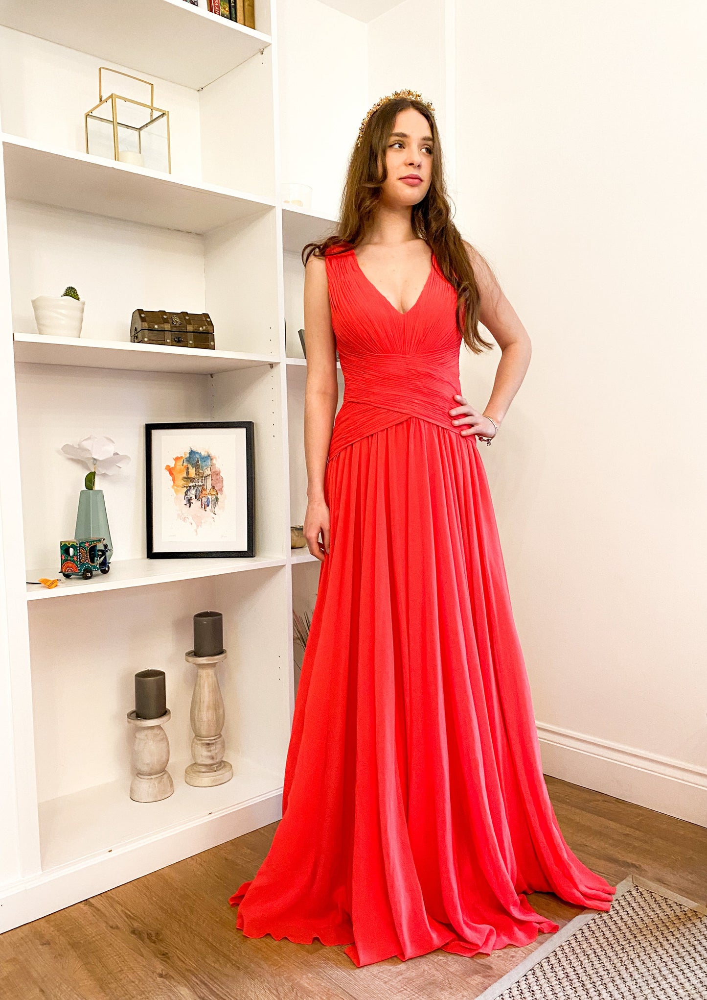 Lily red chiffon maxi draped dress