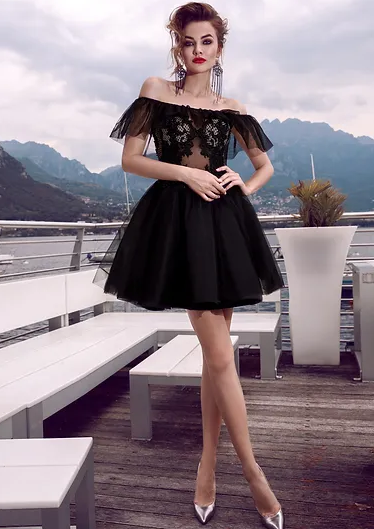 Black lace short cocktail dress